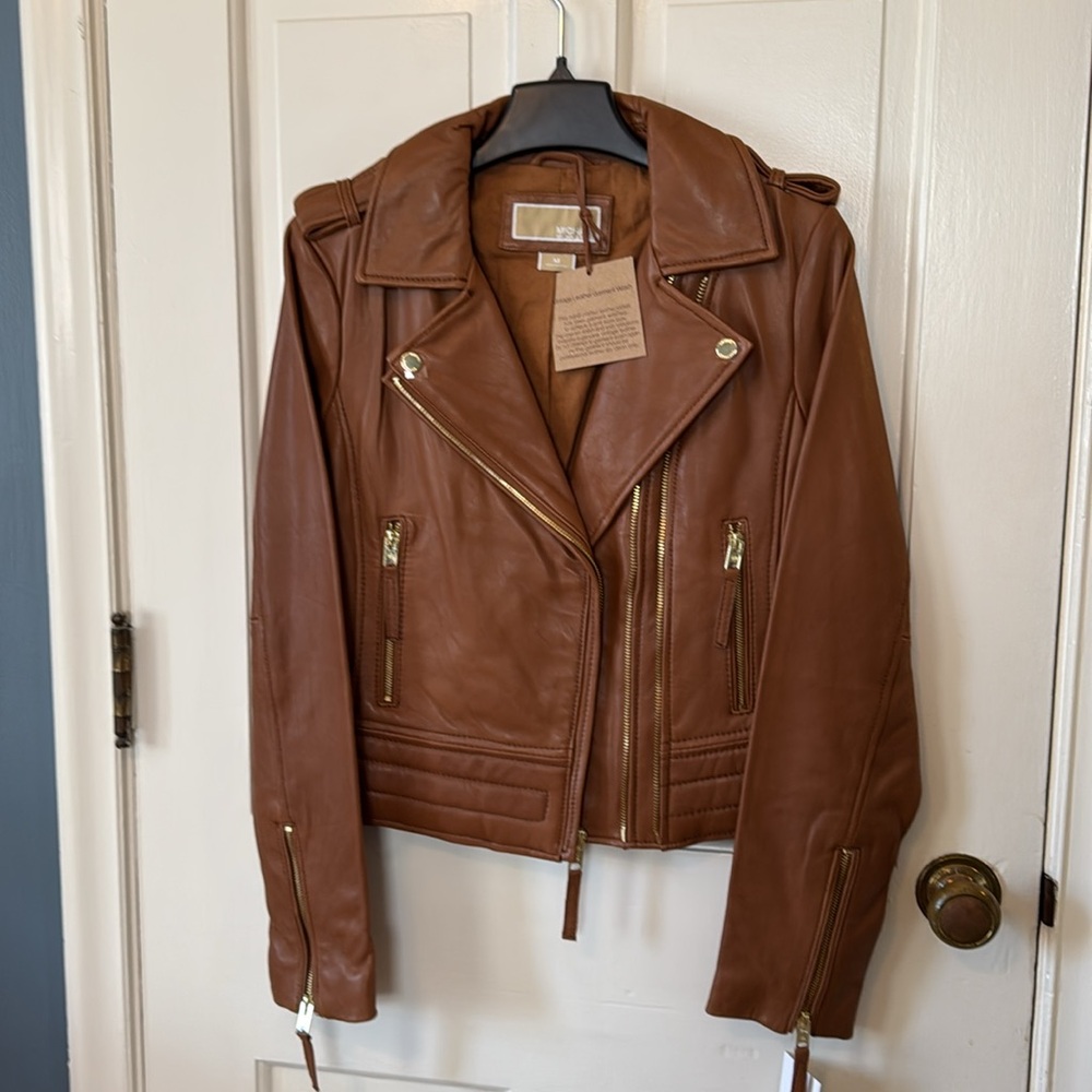 Michael Kors Zip Front Leather Moto Jacket Luggage NWT - Size Medium